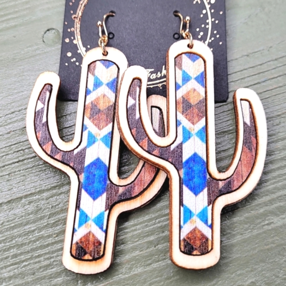 WESTERN CACTUS WOOD DROP EARRINGS
